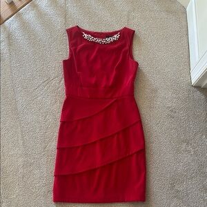 Elegant Red Sleeveless Dress with Pearl Detail